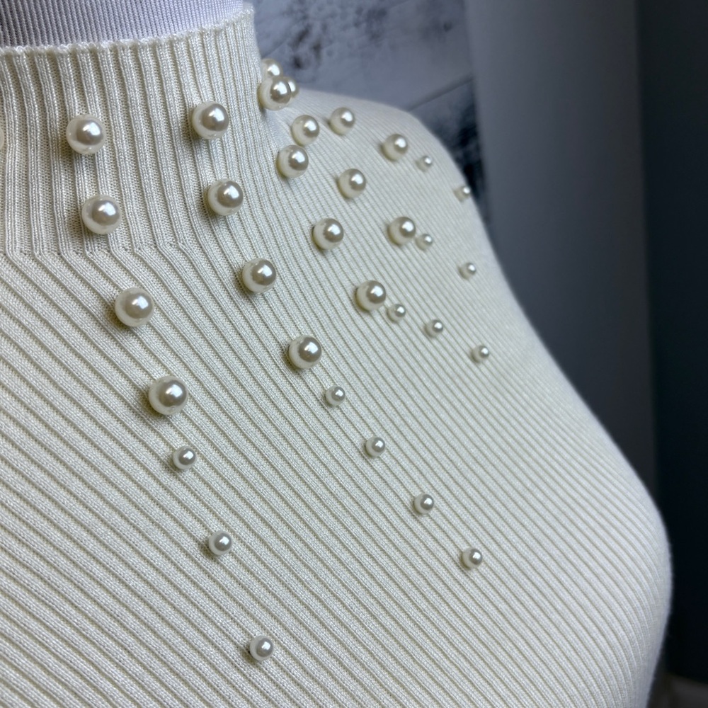 Ivory Mock Neck Sweater Size L Pearl Collar Cuffs Formal Holiday Cocktail Ribbed - Picture 8 of 12